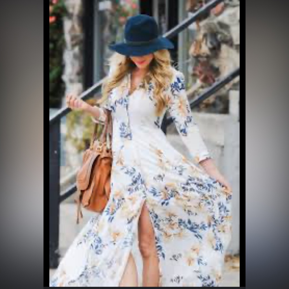 Floral White Maxi Dress with Blue and Tan Print